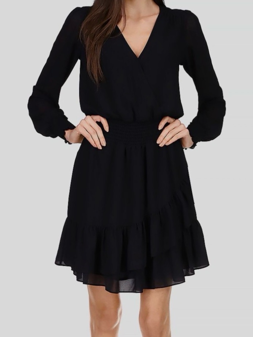 Michael Kors Black V-Neck Long-Sleeve Mini Dress